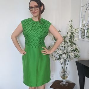 Green Beaded Dress 60s Vintage Samuel Grossman XL